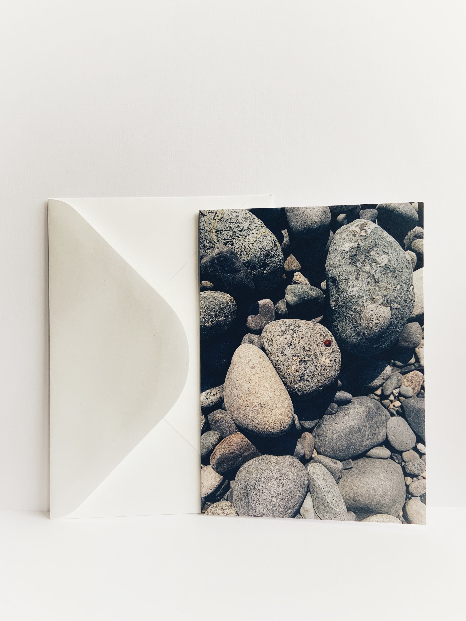 Greeting card with an image of a ladybug in the middle of an assortment of beach rocks