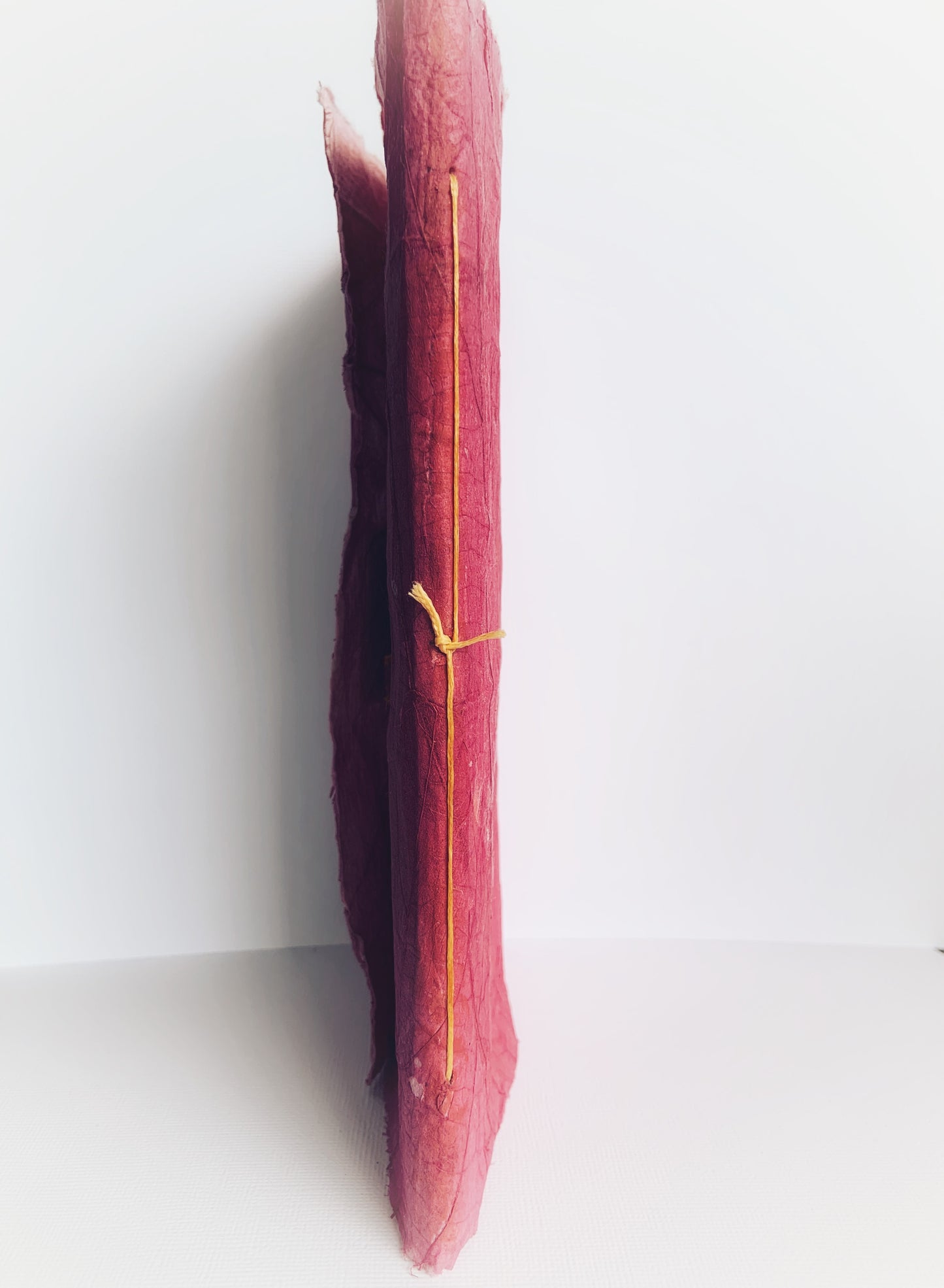 Spine of handmade journal showing orange thread on pink handmade paper.